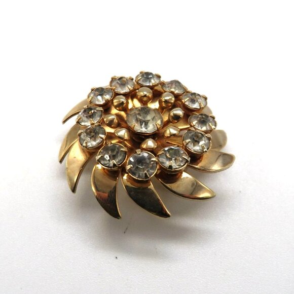 Vintage Brooch Floral Gold Tone Rhinestone Swirl Flower Petals Pin - Picture 1 of 15